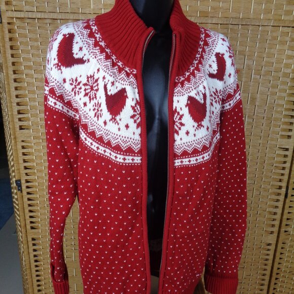 Talbots Red Full Zip Cardigan Sweater Nordic Fair Isle Cardinals Cotton - Picture 1 of 12